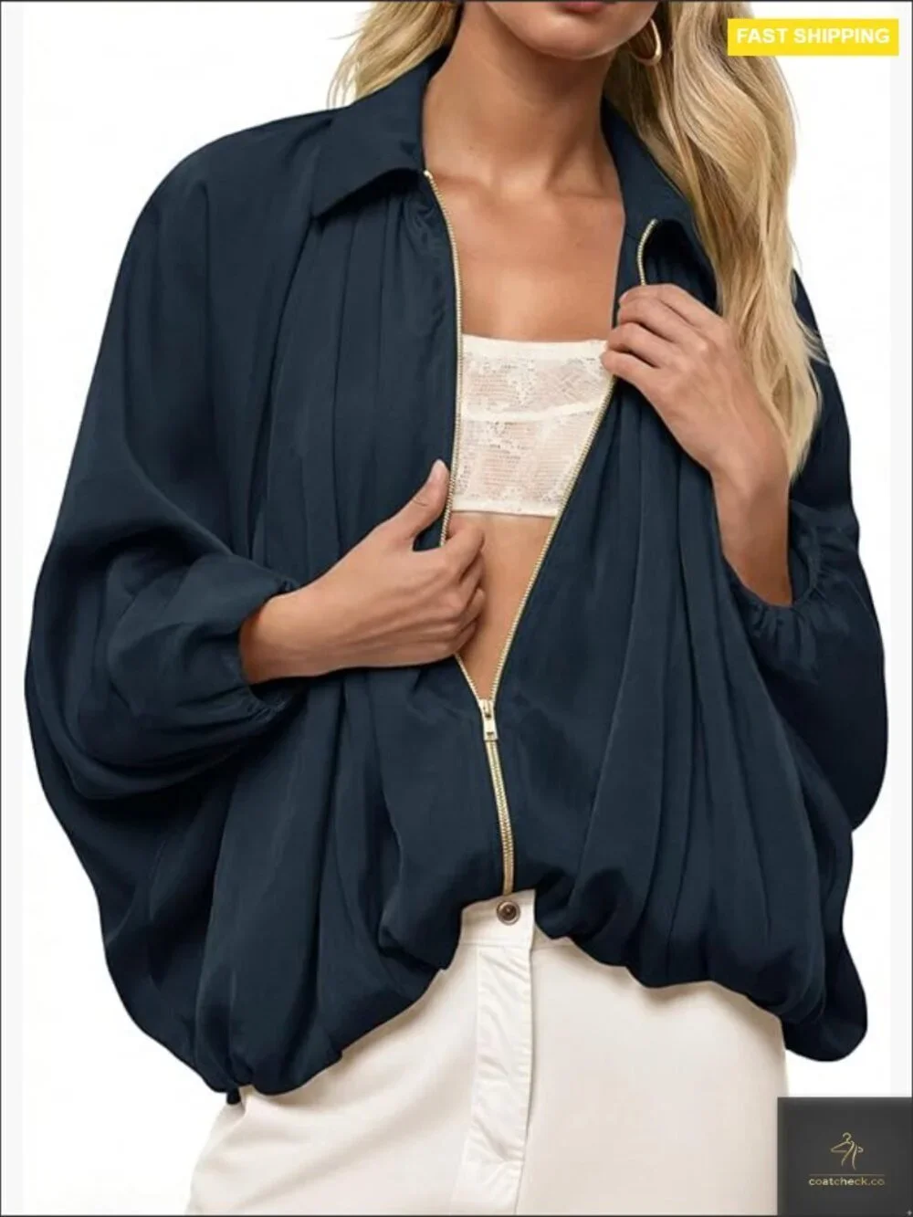 Oversized Bomber Jacket Batwing Sleeve Puffed Pleated Outerwear Y2K Chic